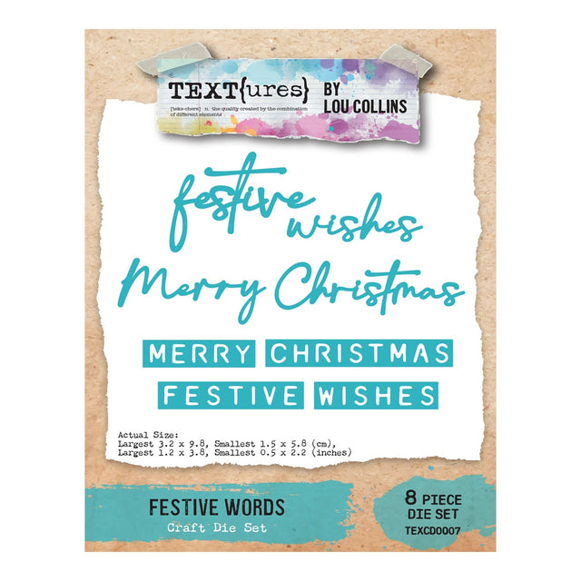 Textures by Lou Collins Festive Words Craft Die Set, featuring an 8-piece set for crafting Christmas-themed text designs, shown on a kraft paper background with a torn paper insert displaying the text 'festive wishes Merry Christmas'.