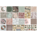 A 5x5 grid of 25 square swatches showing various vintage-style holiday and rustic patterned designs, including wreaths, florals, stripes, wood textures, and Christmas motifs in muted pink, green, beige, and brown tones.