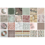 A 4x4 grid of 16 square swatches showing various vintage-style patterned papers in muted tones of pink, green, beige, brown, and white, including floral wreaths, stripes, textures, and distressed prints.