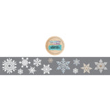 A decorative garland banner featuring multiple snowflake cutouts in white, light blue, and gold, shown against a dark gray strip with a small circular product label above it.