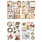 A sheet of Christmas-themed decorative stickers or scrapbook elements on a white background, featuring vintage-style text, envelopes, wreaths, Santa illustrations, stars, birds, a globe with flowers, and holiday accents.