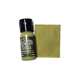 Bottle of Tim Holtz Distress Paint with a swatch of green color on a white background