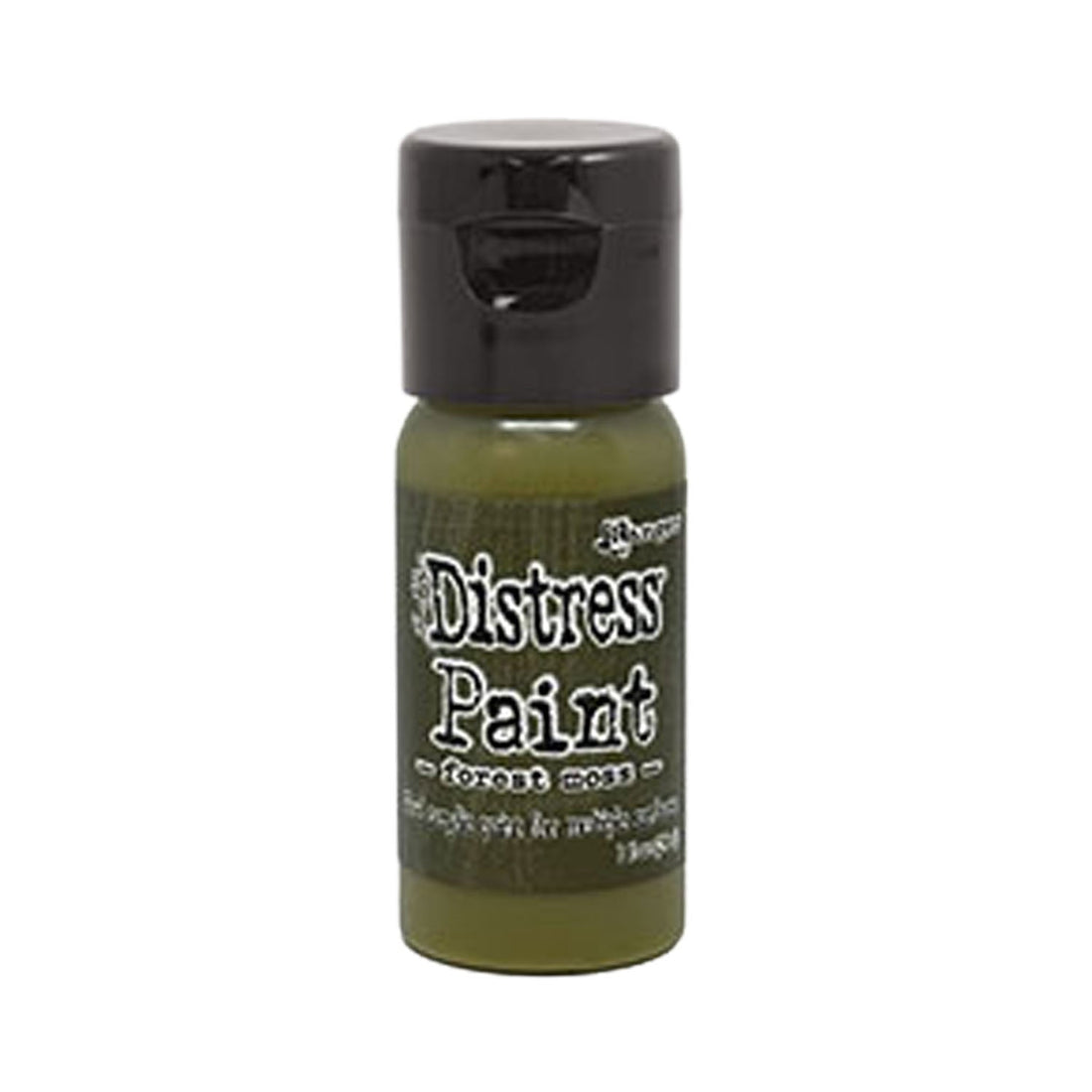 Bottle of Tim Holtz Distress Paint in Forest Moss color on a white background
