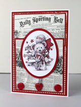 Card with a teddy bear holding a trophy on a newspaper background